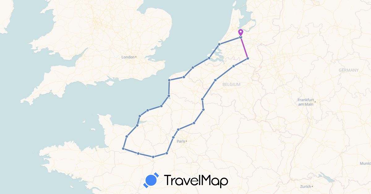 TravelMap itinerary: driving, cycling, train in Belgium, France, Netherlands (Europe)