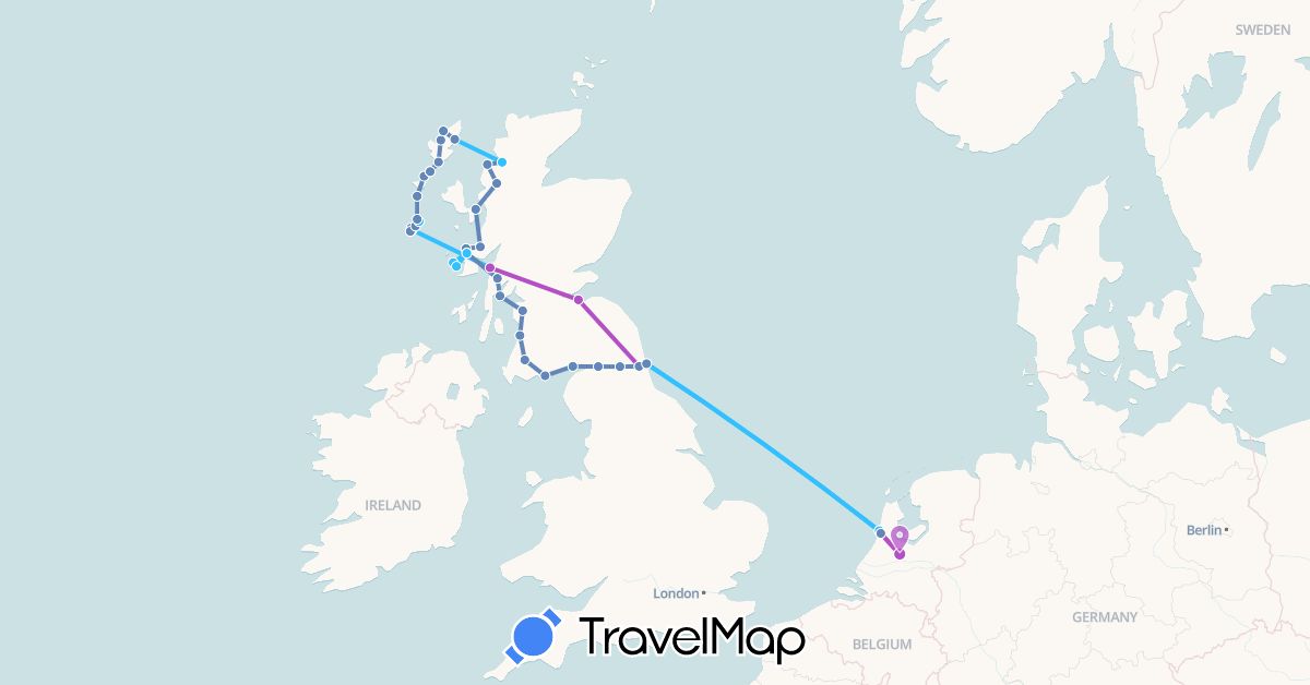 TravelMap itinerary: driving, cycling, train, boat in United Kingdom, Netherlands (Europe)